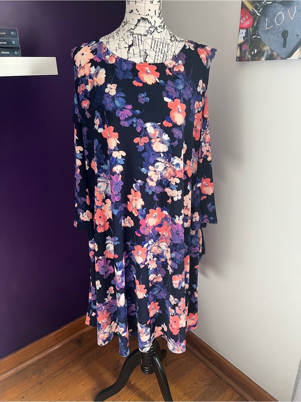 Nina Leonard Cold Shoulder Navy Long Sleeve Dress with Pink & Purple Flowers